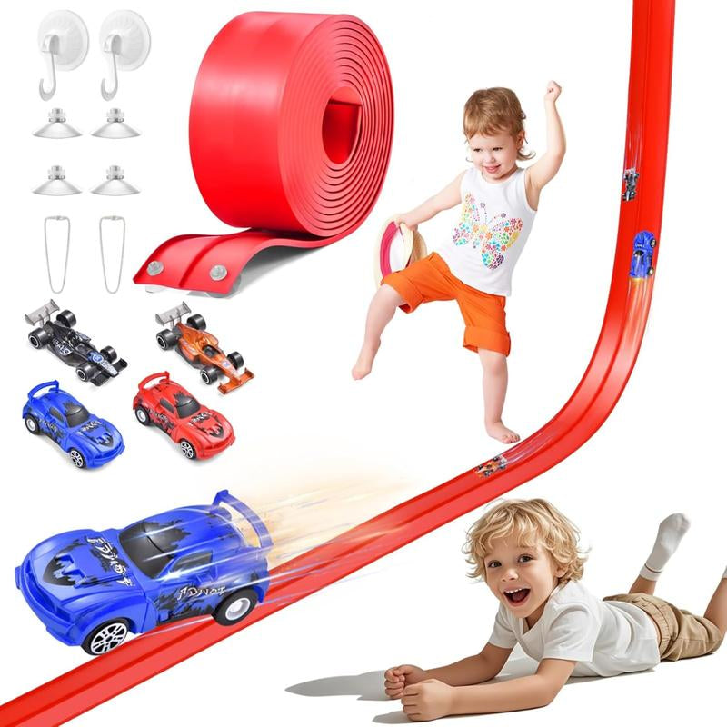Flex Tracks 20 Ft for Kids, Flexible Race Car Ramp Track with 4 Small Racecars Suction Cups and Hook, Compatible with Hot Wheels and Diecast 1/50Th Cars, Rolls up Portable Racetrack for Ages 3 8 Up, Birthday Christmas Gifts for Kids