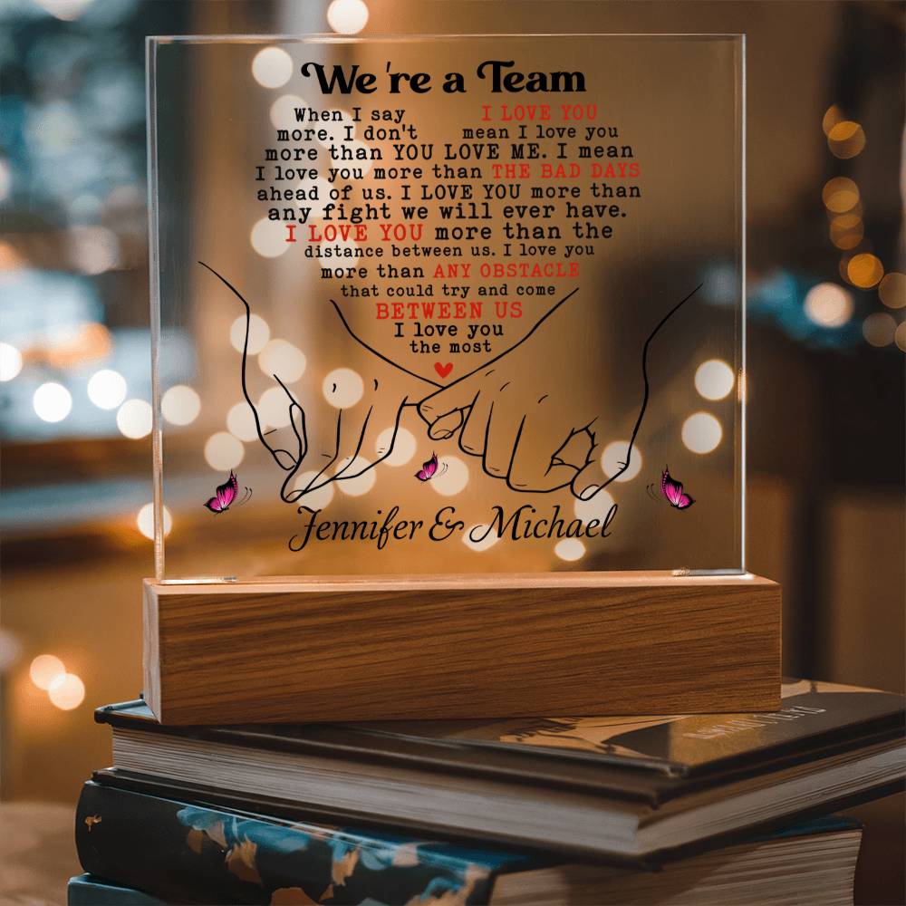 Personalized Valentine LED Acrylic Plaque – “I Love You More” Quote, Custom Names Romantic Light-Up Gift