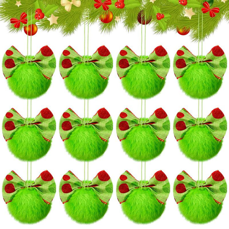 Christmas Ball Ornaments Set for Xmas Tree, Green Christmas Monster Decorations, Shatterproof Glittering Hanging Xmas Balls, Funny Lime Green Furry Christmas Decor, Cute Hanging Ornament with Red Bow, Holiday Party Home Wall Decor, Christmas Gifts
