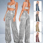 Metallic Sparkly Wide Leg Pants Women Elastic High Waist Glitter Sequin Palazzo Pants Casual Loose Party Clubwear Long Trousers