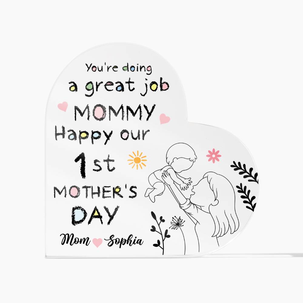 1st Mother’s Day Personalized Acrylic Plaque – First Mother’s Day Gift for Mommy, Custom Mom &amp; Baby Name Keepsake, New Mom Heart Plaque