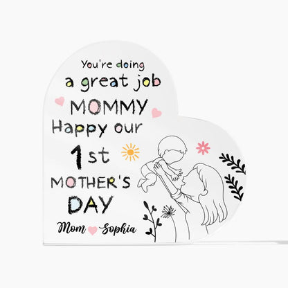 1st Mother’s Day Personalized Acrylic Plaque – First Mother’s Day Gift for Mommy, Custom Mom &amp; Baby Name Keepsake, New Mom Heart Plaque