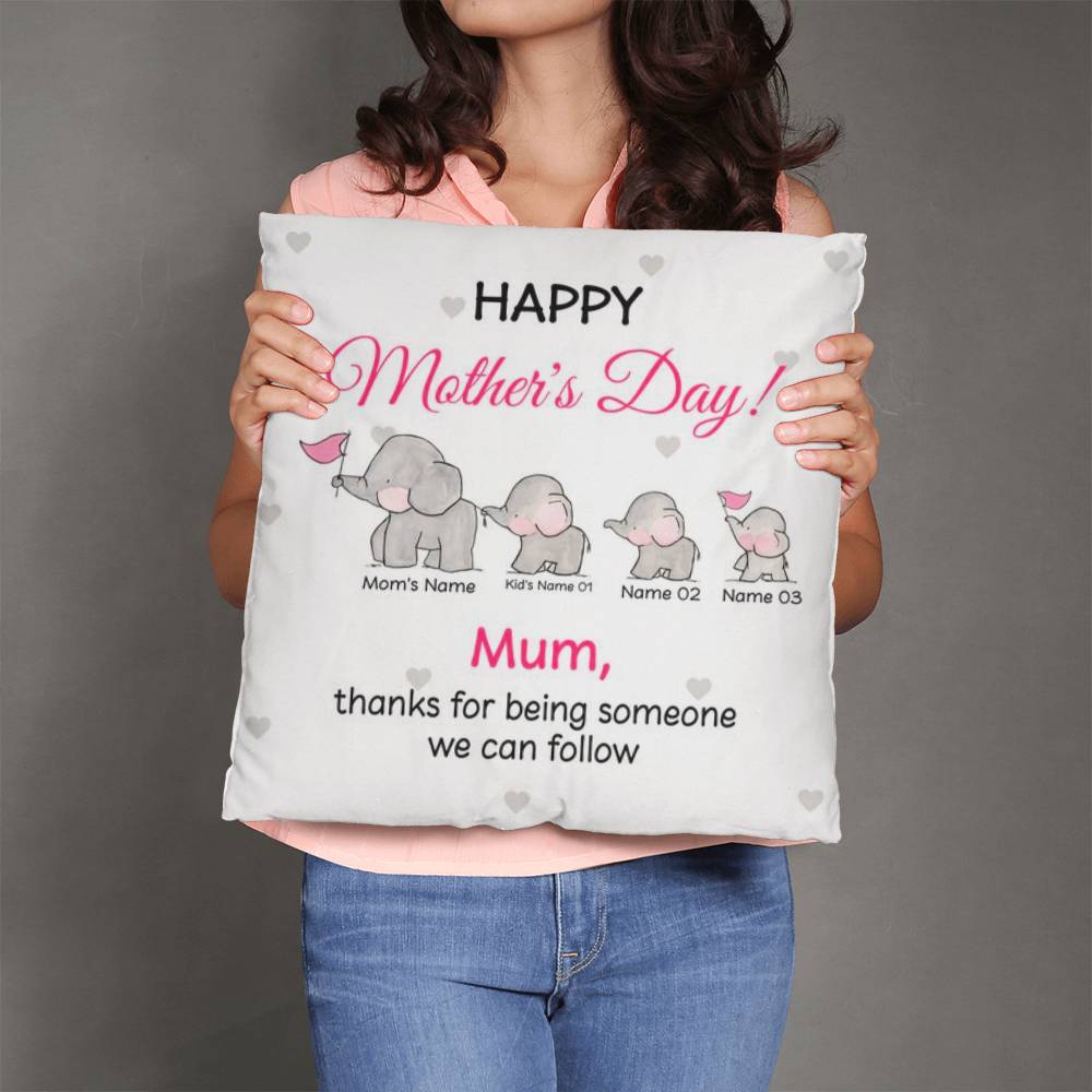 Personalized Mother’s Day Elephant Pillow – Custom Mom and Kids Name Pillow, Happy Mother’s Day Gift for Mom, Cute Mom Throw Pillow