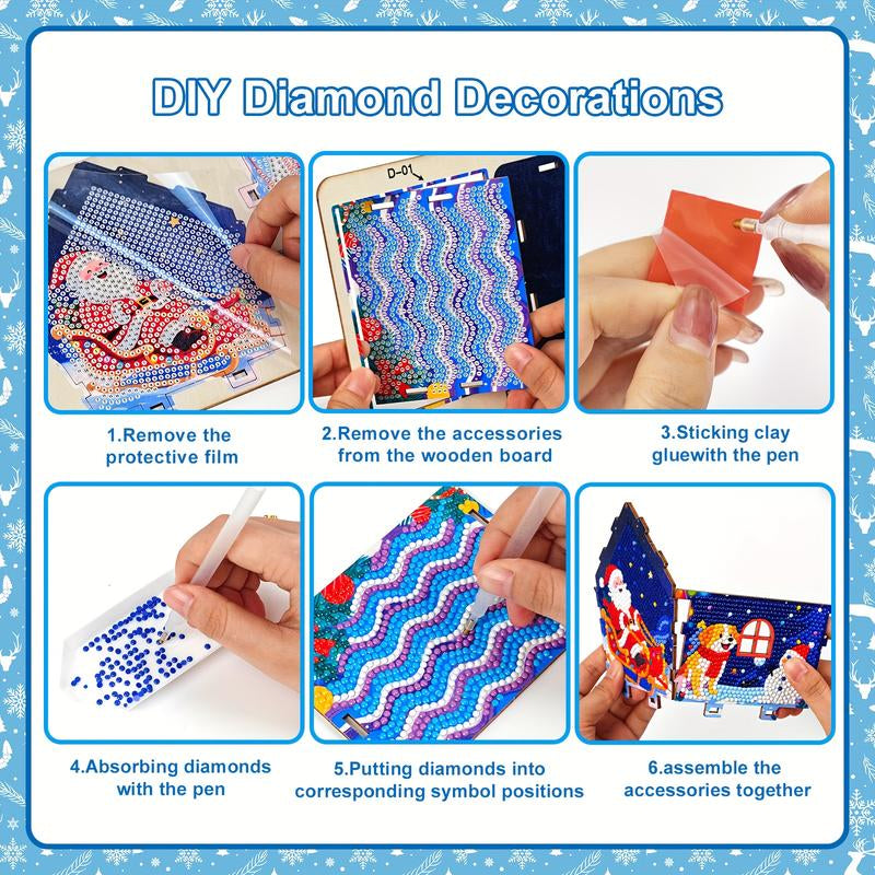 3D Wooden Puzzle Diamond Painting Kit: Gingerbread House DIY Craft with Sparkling Christmas Decorations - Snowman, Christmas Tree, Stocking. Home Desktop Art for Teens & Adults, Christmas Gift & Party Decor, Holiday Crafts,Festive Artwork,