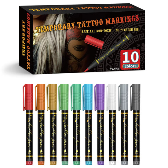 Temporary Tattoo Markers for Skin,10 Colors Tattoo Pens,Brush Tip,Bright Colors,Face Paint Kit Cosmetic Quality,Halloween Makeup