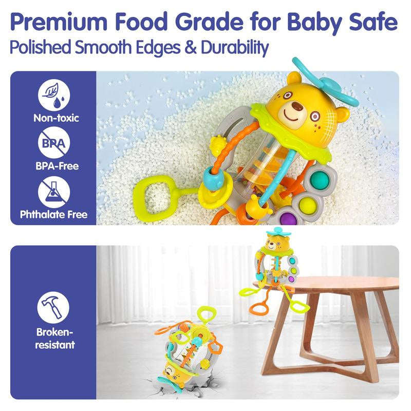 HOLA Rattle Teething Baby Toys, Silicone Pull String Toys, Montessori Multi-Functional Baby Sensory Toy Christmas Stockingstuffers for Baby Mmontessori Toys Gifts