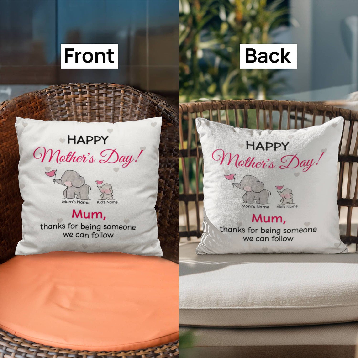 Personalized Mother’s Day Elephant Pillow – Custom Mom and Kids Name Pillow, Happy Mother’s Day Gift for Mom, Cute Mom Throw Pillow