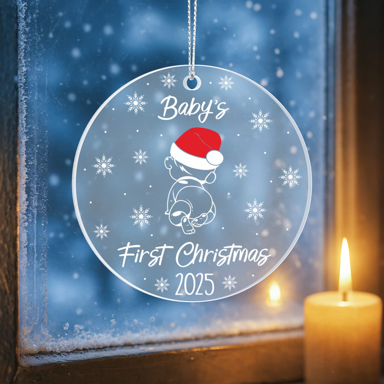 Baby in Santa Hat Acrylic Ornament with Custom Date