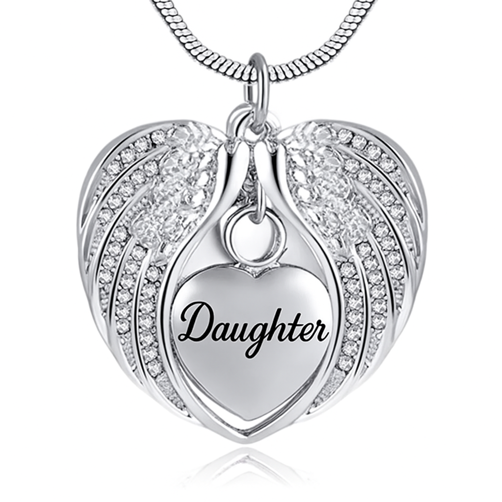 Angel Wings Heart Cremation Necklace - Memorial Urn Pendant