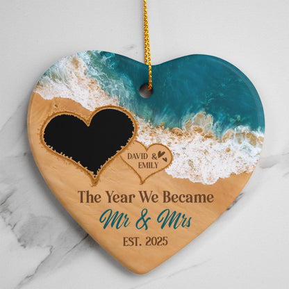 Custom Mr &amp; Mrs ceramic heart ornament with beach design and photo