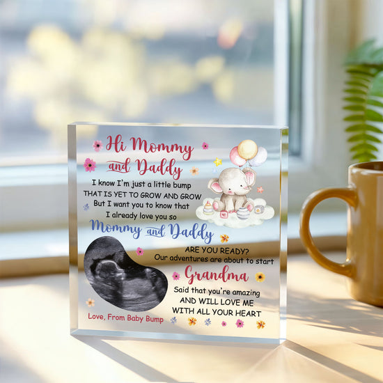 Hi Mommy and Daddy Acrylic Block – Baby Bump Pregnancy Announcement Gift