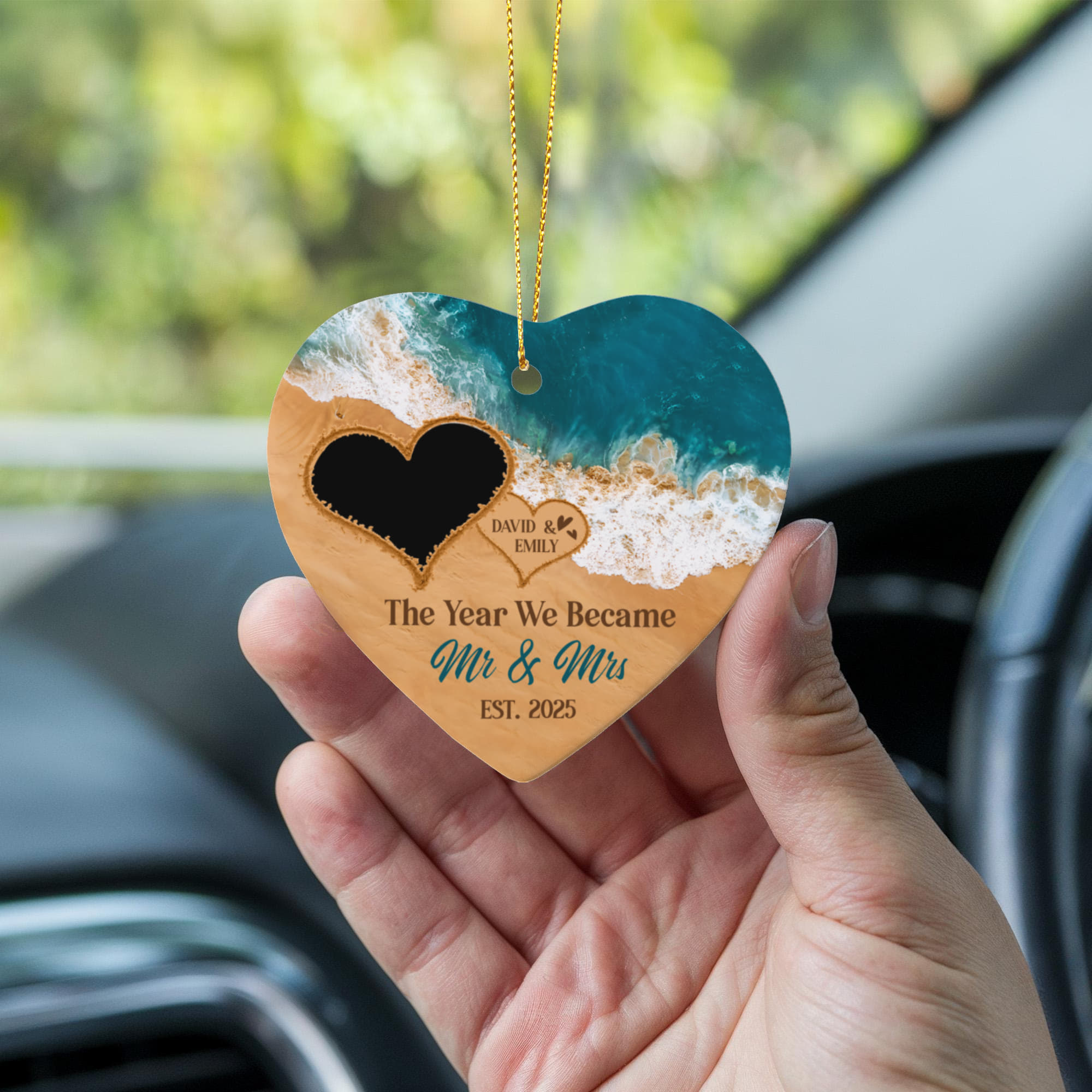 Heart-shaped ceramic ornament with personalized couple names and wedding year