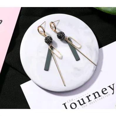 Long Tassel Earrings with Round Rhinestone Geometric Design