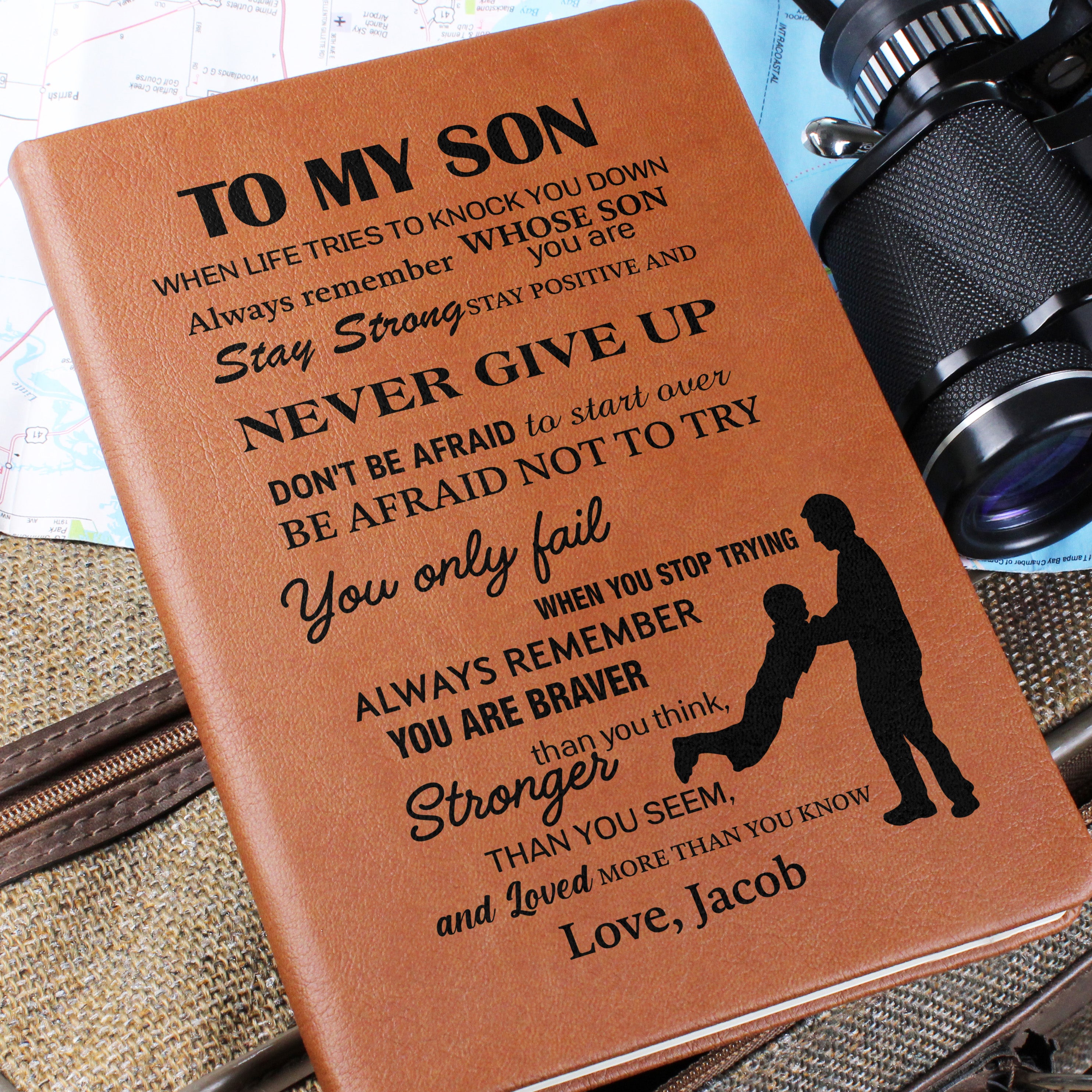 To My Son Personalized Leather Journal Gift from Dad, Never Give Up Inspirational Keepsake Notebook