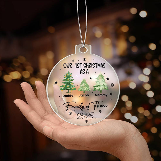 Our 1st Christmas as a Family of Three Ornament 2025 – Personalized Family Ornament | Custom Name Christmas Keepsake for New Parents
