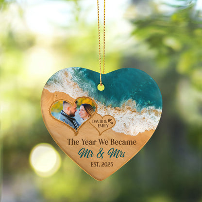 Personalized ceramic heart ornament with couple photo, names, and est date
