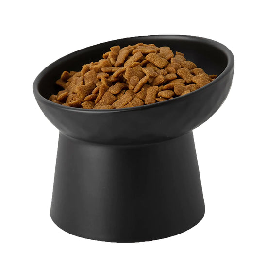KTLECL Raised Cat Bowl Black 7 Ounces Elevated Cat Food Bowls with Tilted Angle Stress Free Anti Vomiting Ceramic Water Bowl for Cats Small Dogs Feeding Dish(2PC White)