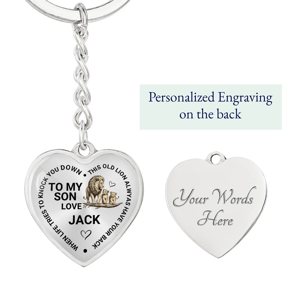 To My Son Heart Keychain Gift from Dad, Old Lion Always Has Your Back Personalized Keepsake