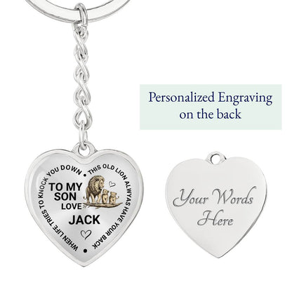To My Son Heart Keychain Gift from Dad, Old Lion Always Has Your Back Personalized Keepsake