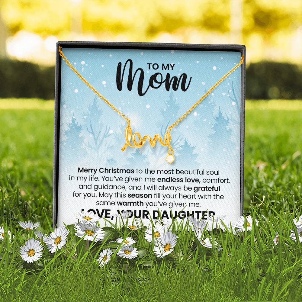 Love Necklace for Mom – Meaningful Christmas Gift from Daughter, Gold Scripted Love Necklace with Heartfelt Message Card