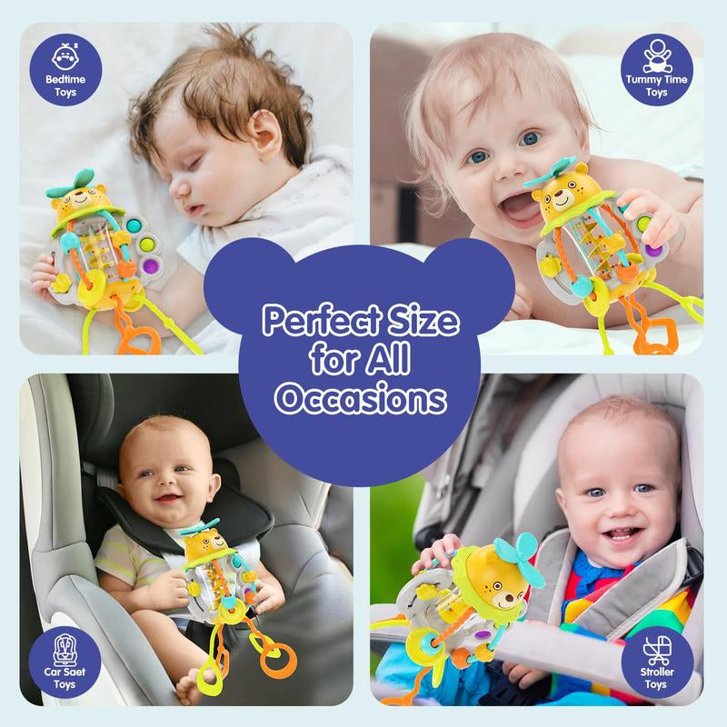 HOLA Rattle Teething Baby Toys, Silicone Pull String Toys, Montessori Multi-Functional Baby Sensory Toy Christmas Stockingstuffers for Baby Mmontessori Toys Gifts