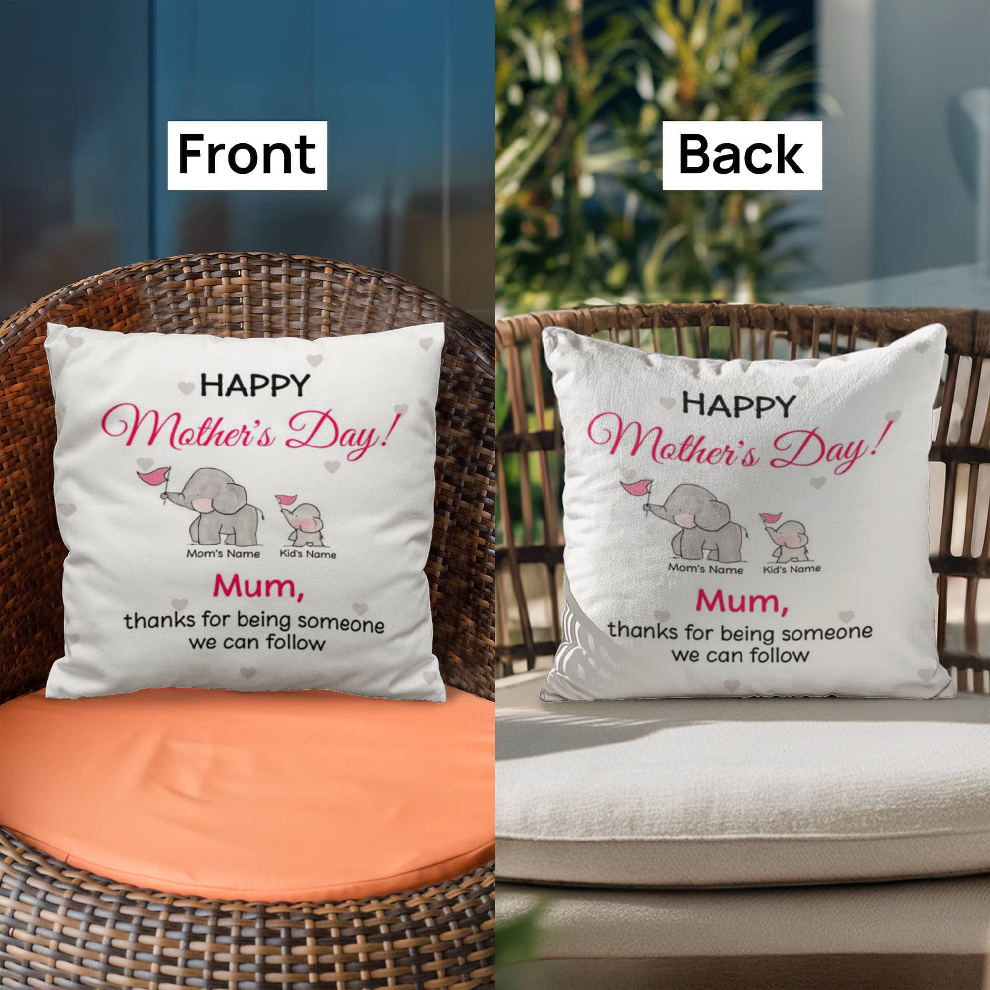 Personalized Mother’s Day Elephant Pillow – Custom Mom and Kids Name Pillow, Happy Mother’s Day Gift for Mom, Cute Mom Throw Pillow