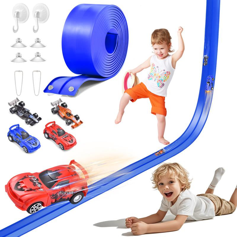 Flex Tracks 20 Ft for Kids, Flexible Race Car Ramp Track with 4 Small Racecars Suction Cups and Hook, Compatible with Hot Wheels and Diecast 1/50Th Cars, Rolls up Portable Racetrack for Ages 3 8 Up, Birthday Christmas Gifts for Kids
