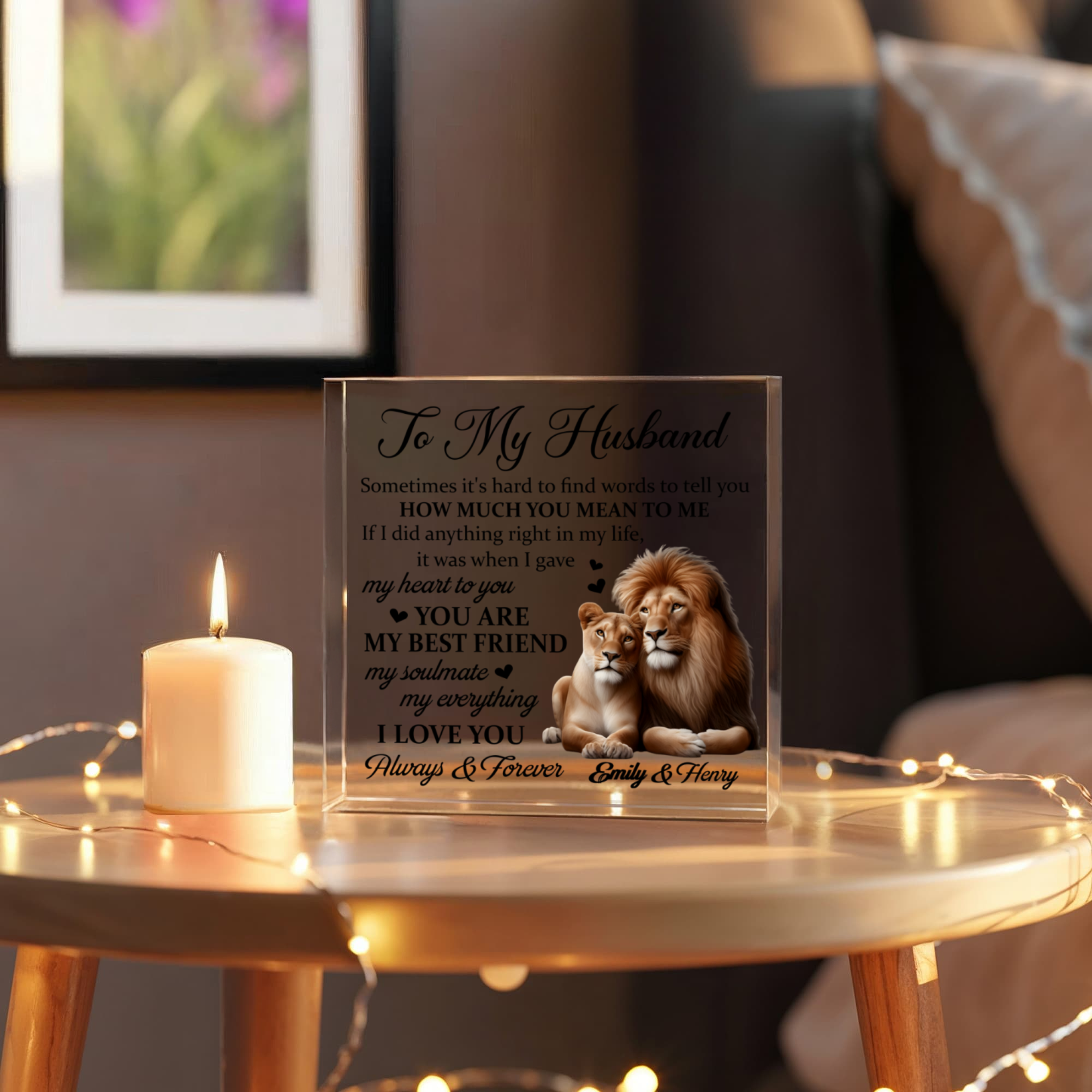 Soulmate love quote acrylic plaque with lion and lioness
