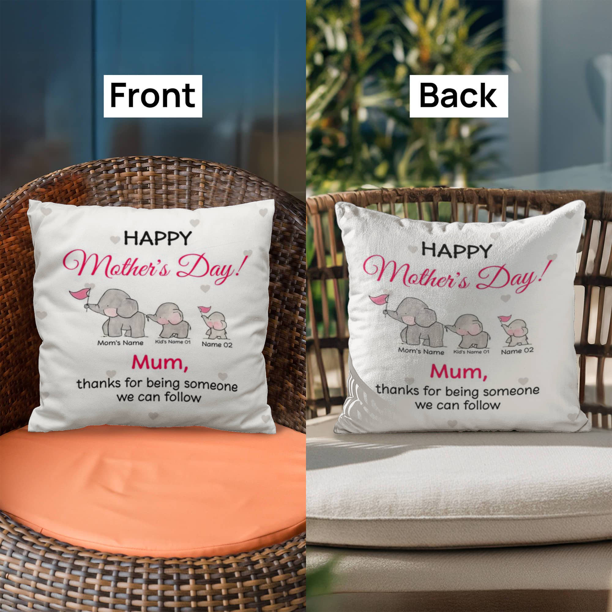 Personalized Mother’s Day Elephant Pillow – Custom Mom and Kids Name Pillow, Happy Mother’s Day Gift for Mom, Cute Mom Throw Pillow