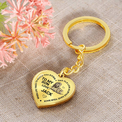 To My Son Heart Keychain Gift from Dad, Old Lion Always Has Your Back Personalized Keepsake
