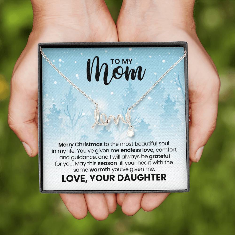 Love Necklace for Mom – Meaningful Christmas Gift from Daughter, Gold Scripted Love Necklace with Heartfelt Message Card