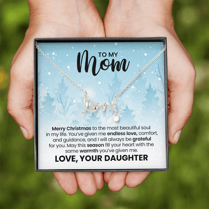 Love Necklace for Mom – Meaningful Christmas Gift from Daughter, Gold Scripted Love Necklace with Heartfelt Message Card