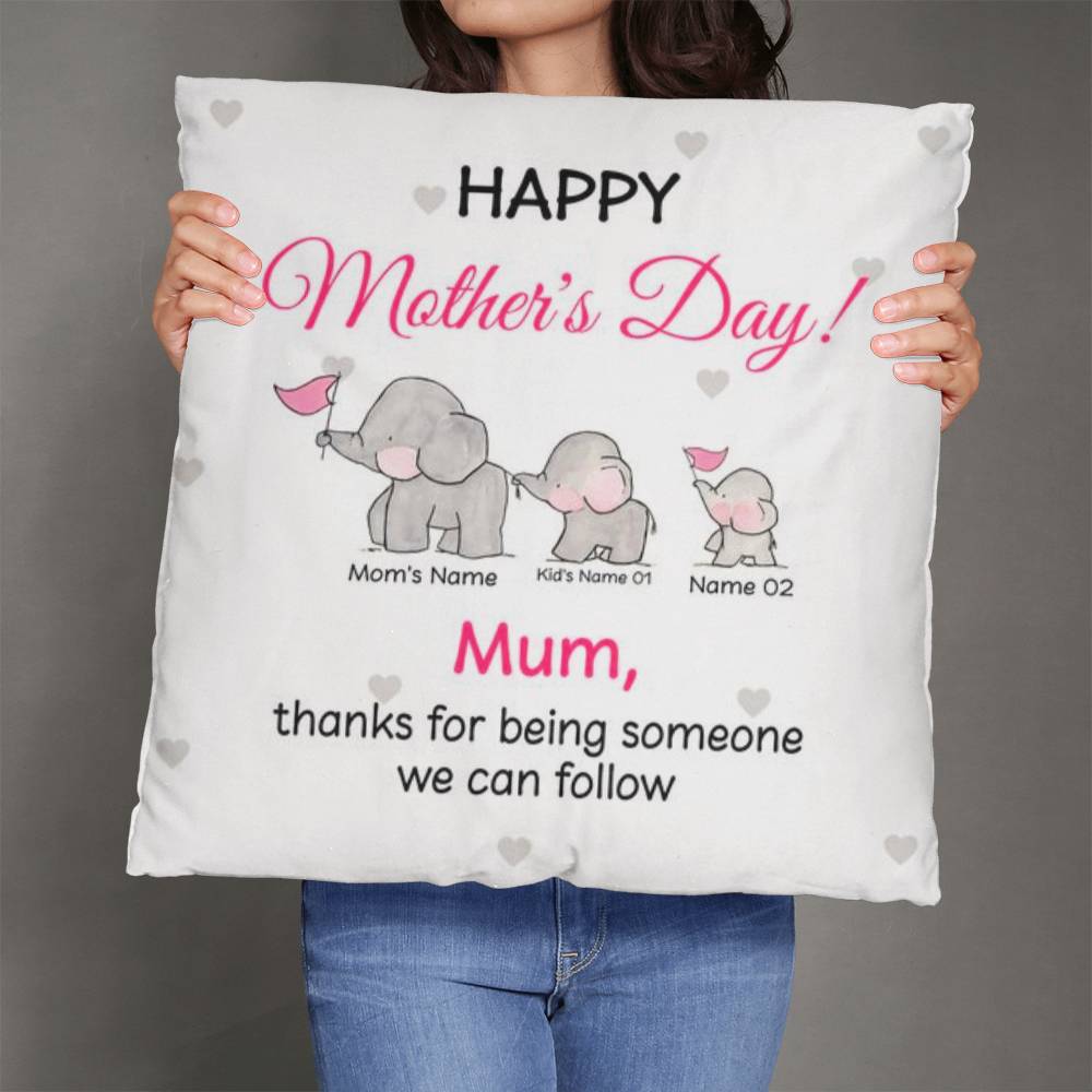 Personalized Mother’s Day Mom Pillow – Elephant Family Throw Pillow with Mom &amp; Kids Names