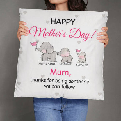 Personalized Mother’s Day Mom Pillow – Elephant Family Throw Pillow with Mom &amp; Kids Names