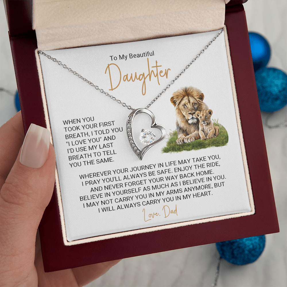 Forever Love Necklace for Daughter – Meaningful Gift from Dad, Heart Pendant Necklace with Lion Father &amp; Daughter Message Card