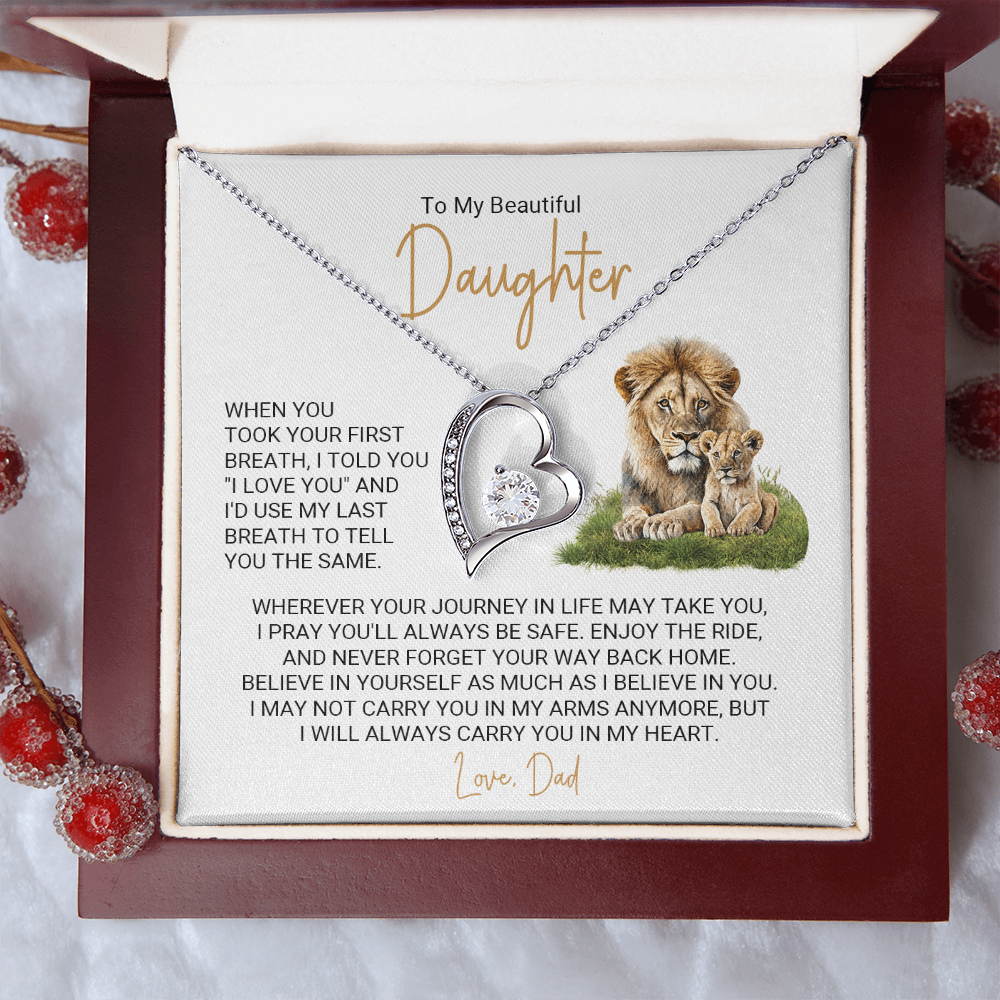 Forever Love Necklace for Daughter – Meaningful Gift from Dad, Heart Pendant Necklace with Lion Father &amp; Daughter Message Card