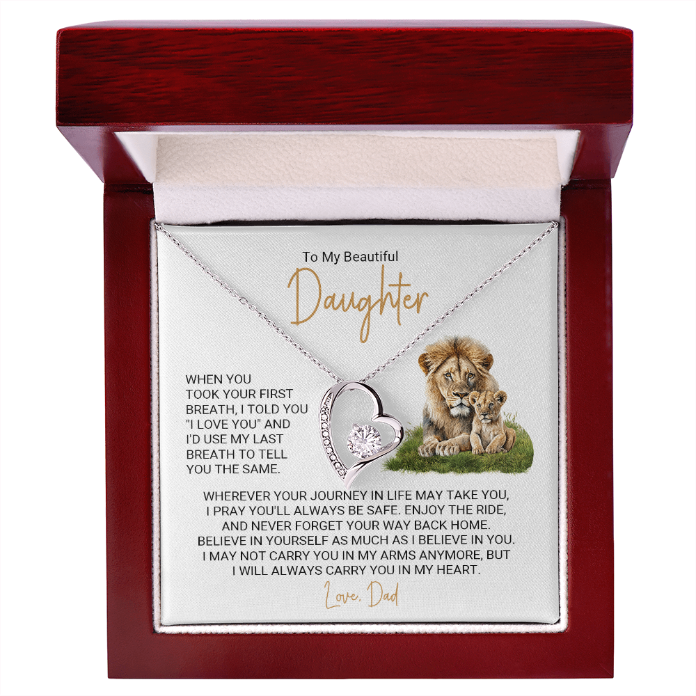 Forever Love Necklace for Daughter – Meaningful Gift from Dad, Heart Pendant Necklace with Lion Father &amp; Daughter Message Card