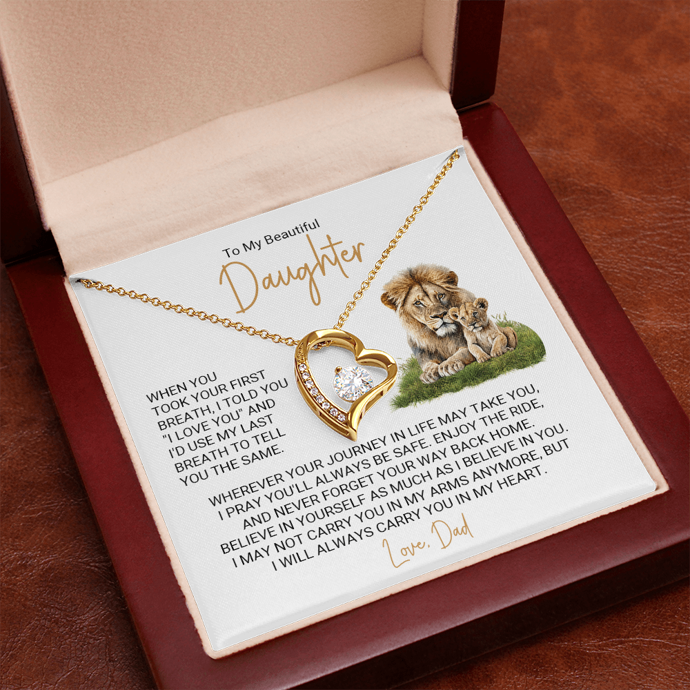 Forever Love Necklace for Daughter – Meaningful Gift from Dad, Heart Pendant Necklace with Lion Father &amp; Daughter Message Card