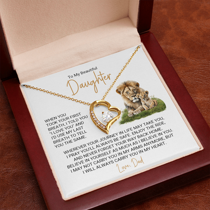Forever Love Necklace for Daughter – Meaningful Gift from Dad, Heart Pendant Necklace with Lion Father &amp; Daughter Message Card