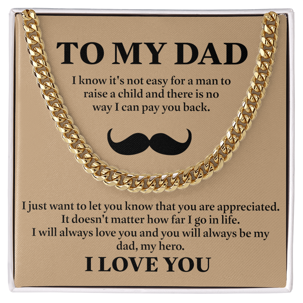 To My Dad Necklace – Silver Cuban Link Chain with Heartfelt Mustache Message Card Gift