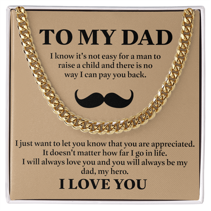 To My Dad Necklace – Silver Cuban Link Chain with Heartfelt Mustache Message Card Gift