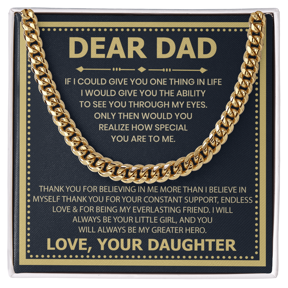 Dear Dad Necklace from Daughter – Silver Cuban Link Chain with Heartfelt Message Card Gift