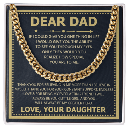 Dear Dad Necklace from Daughter – Silver Cuban Link Chain with Heartfelt Message Card Gift