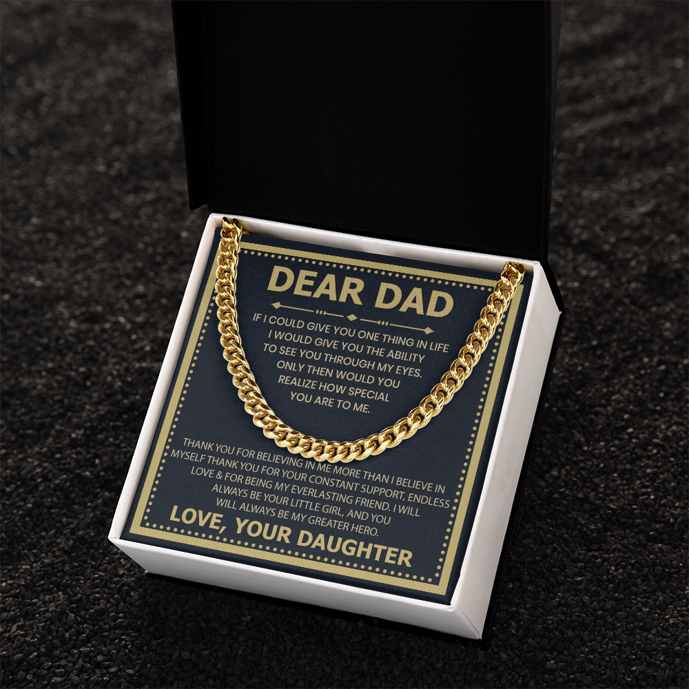 Dear Dad Necklace from Daughter – Silver Cuban Link Chain with Heartfelt Message Card Gift