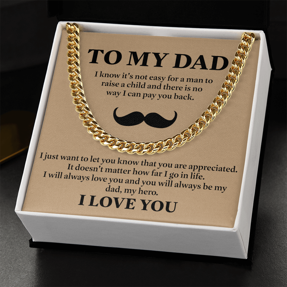 To My Dad Necklace – Silver Cuban Link Chain with Heartfelt Mustache Message Card Gift