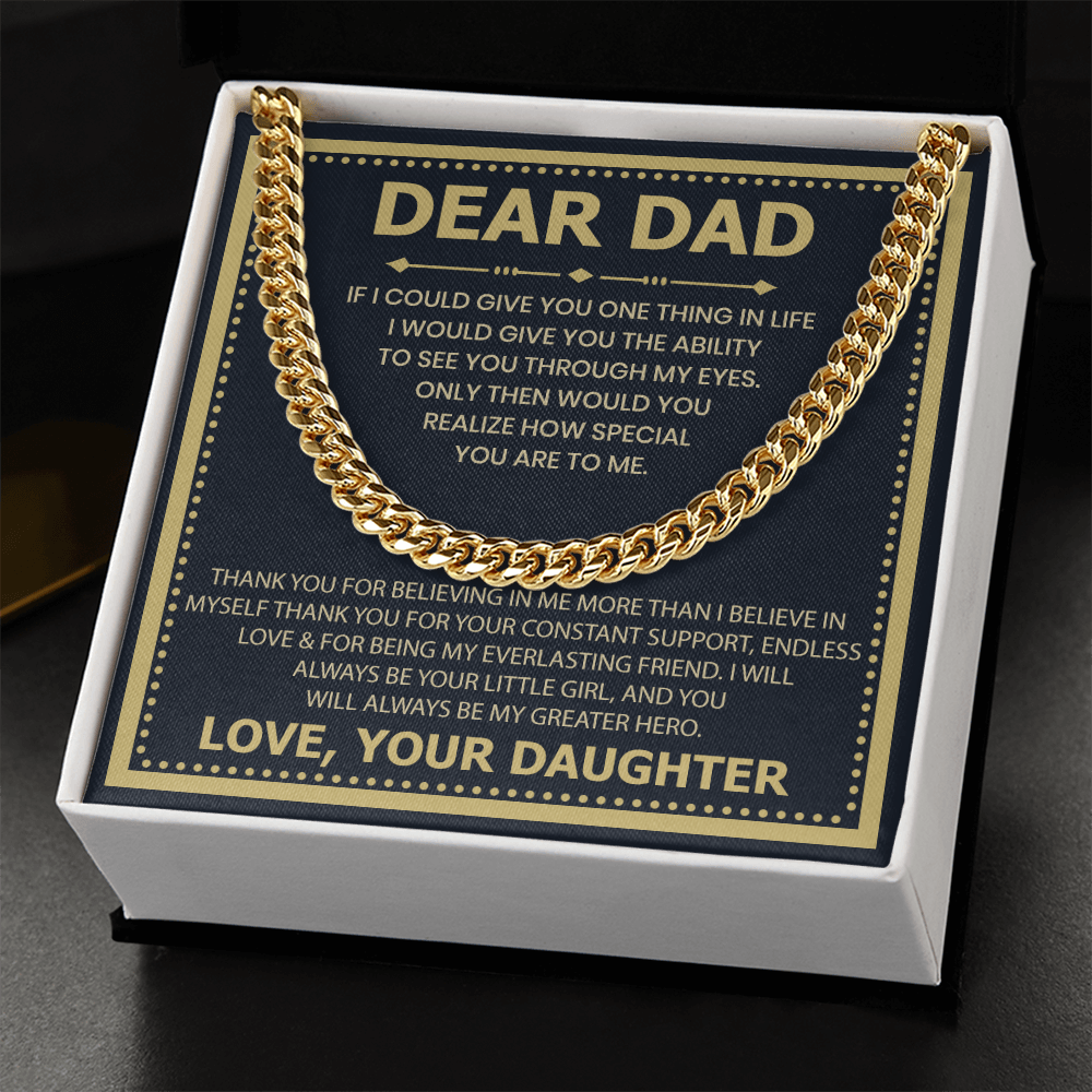 Dear Dad Necklace from Daughter – Silver Cuban Link Chain with Heartfelt Message Card Gift