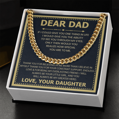 Dear Dad Necklace from Daughter – Silver Cuban Link Chain with Heartfelt Message Card Gift