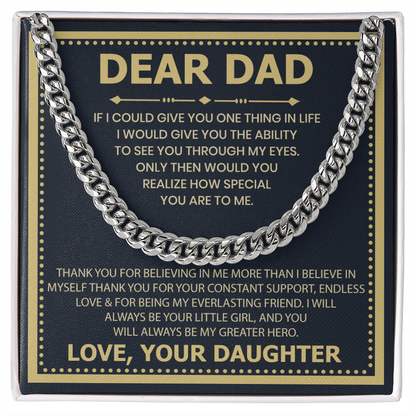Dear Dad Necklace from Daughter – Silver Cuban Link Chain with Heartfelt Message Card Gift