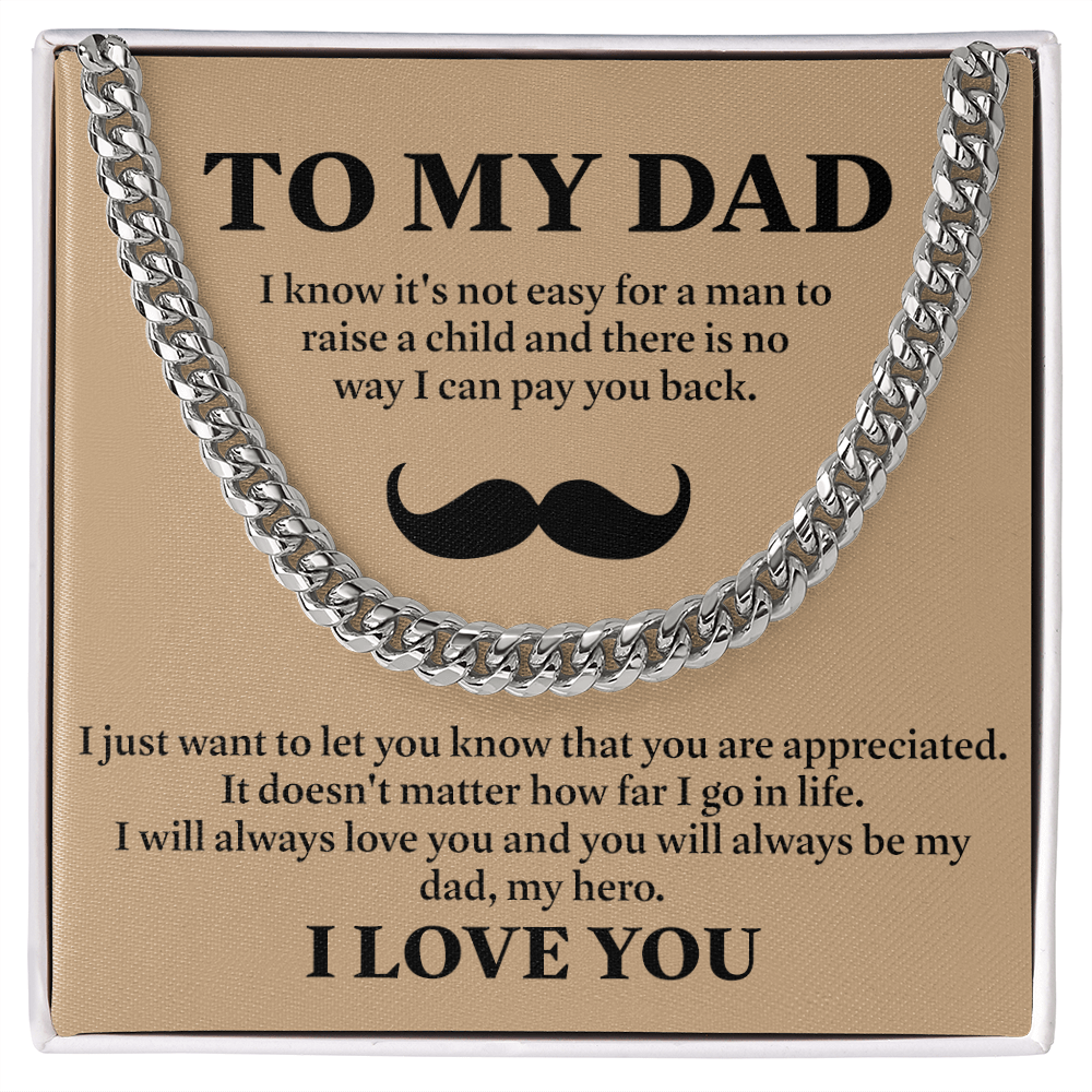 To My Dad Necklace – Silver Cuban Link Chain with Heartfelt Mustache Message Card Gift
