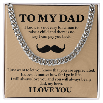 To My Dad Necklace – Silver Cuban Link Chain with Heartfelt Mustache Message Card Gift